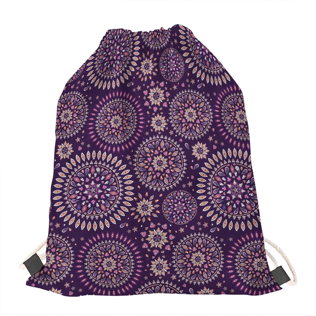 Purple Bohemian Mandala Pattern Print Drawstring Bag