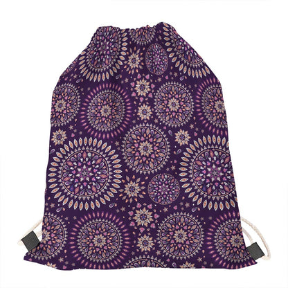 Purple Bohemian Mandala Pattern Print Drawstring Bag