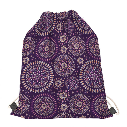 Purple Bohemian Mandala Pattern Print Drawstring Bag
