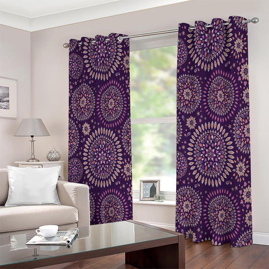 Purple Bohemian Mandala Pattern Print Extra Wide Grommet Curtains