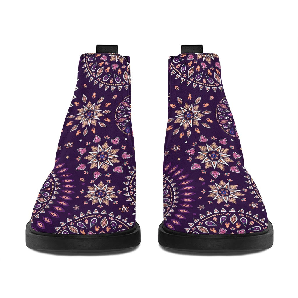 Purple Bohemian Mandala Pattern Print Flat Ankle Boots