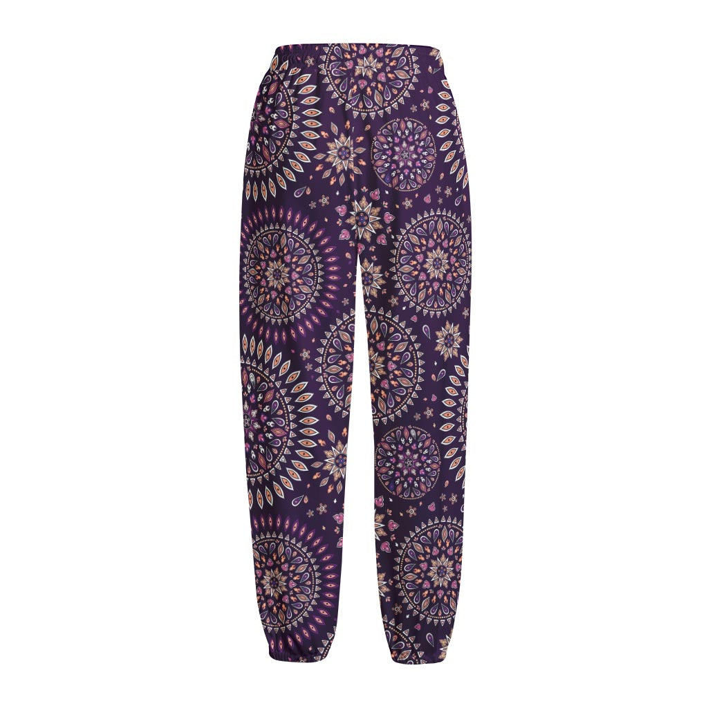 Purple Bohemian Mandala Pattern Print Fleece Lined Knit Pants