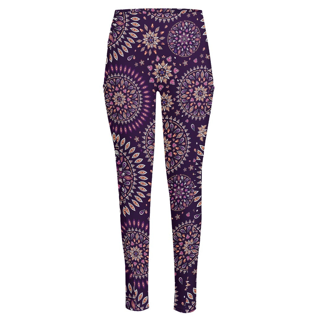 Purple Bohemian Mandala Pattern Print High-Waisted Pocket Leggings
