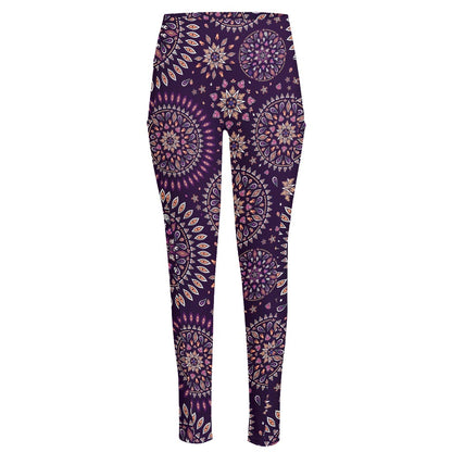 Purple Bohemian Mandala Pattern Print High-Waisted Pocket Leggings