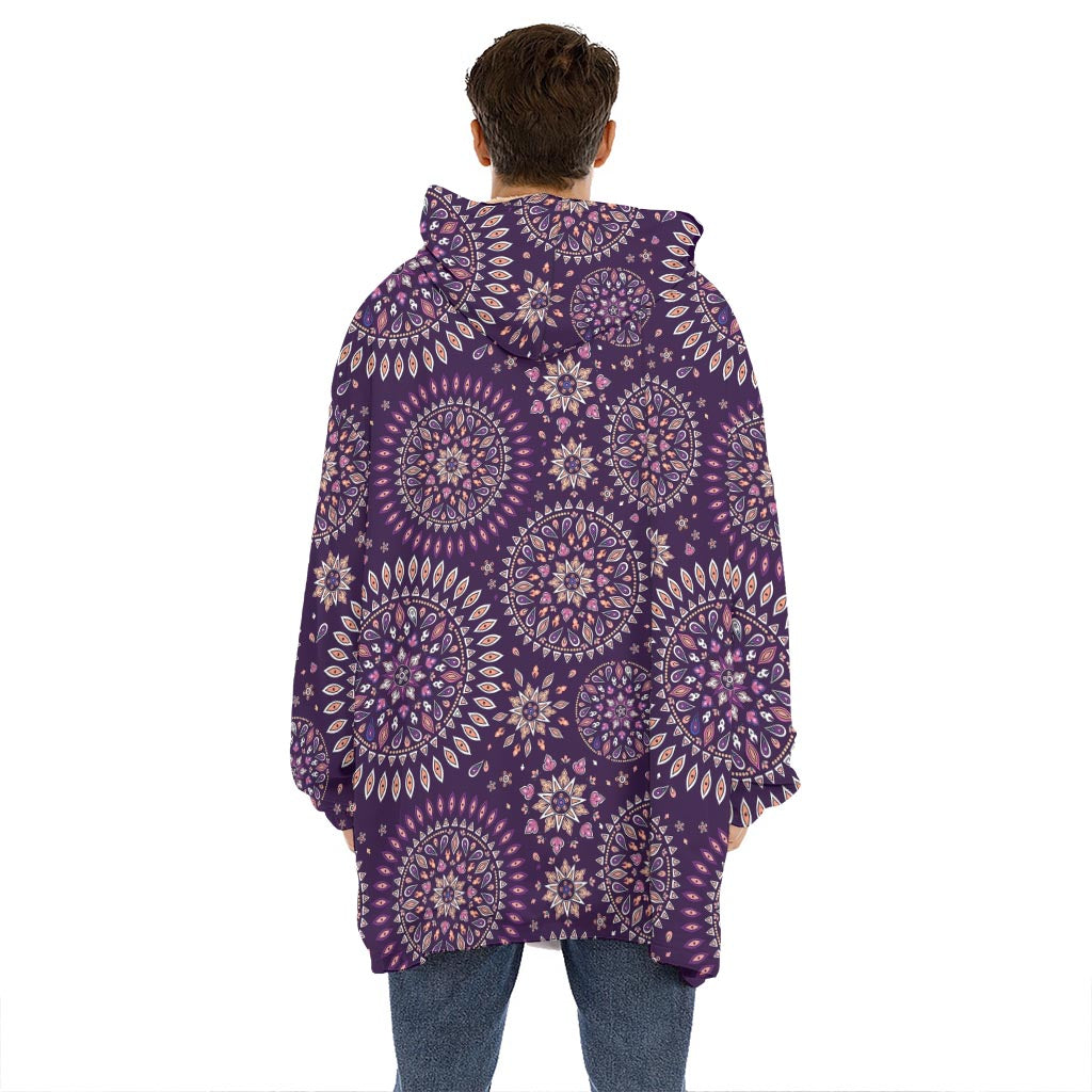 Purple Bohemian Mandala Pattern Print Hoodie Blanket