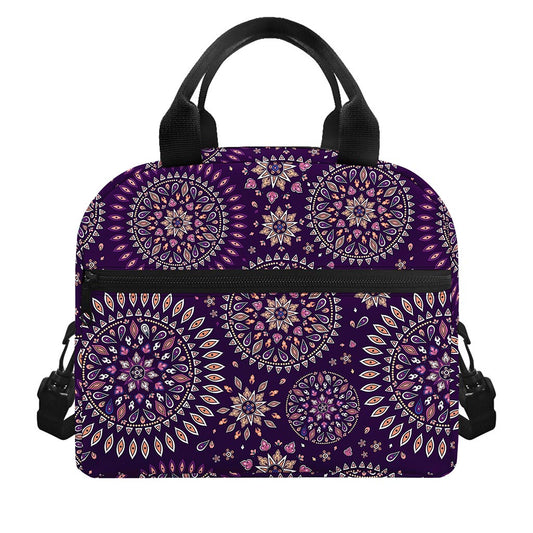 Purple Bohemian Mandala Pattern Print Insulated Lunch Bag