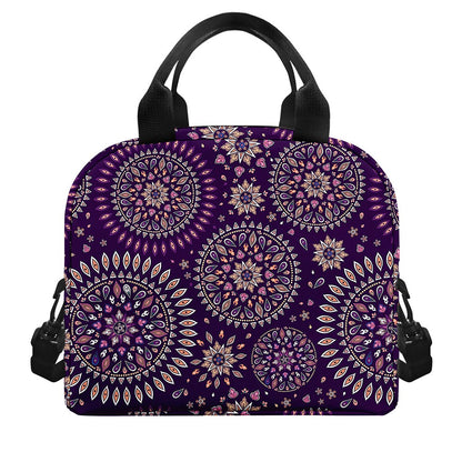Purple Bohemian Mandala Pattern Print Insulated Lunch Bag
