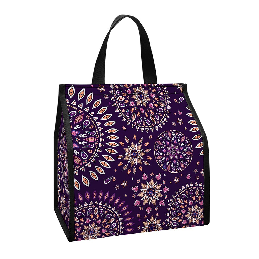 Purple Bohemian Mandala Pattern Print Insulated Lunch Tote