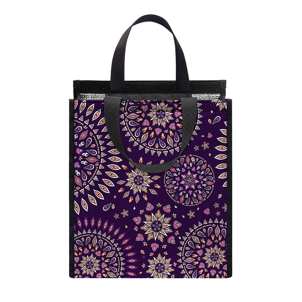 Purple Bohemian Mandala Pattern Print Insulated Lunch Tote