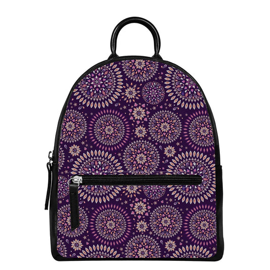 Purple Bohemian Mandala Pattern Print Leather Backpack