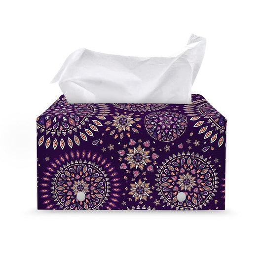 Purple Bohemian Mandala Pattern Print Leather Tissue Box Cover