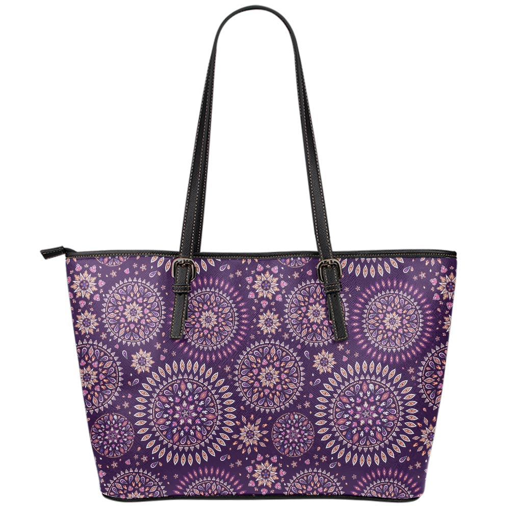 Purple Bohemian Mandala Pattern Print Leather Tote Bag