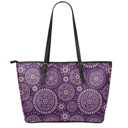 Purple Bohemian Mandala Pattern Print Leather Tote Bag