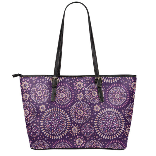 Purple Bohemian Mandala Pattern Print Leather Tote Bag