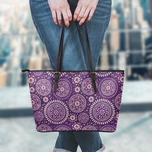 Purple Bohemian Mandala Pattern Print Leather Tote Bag