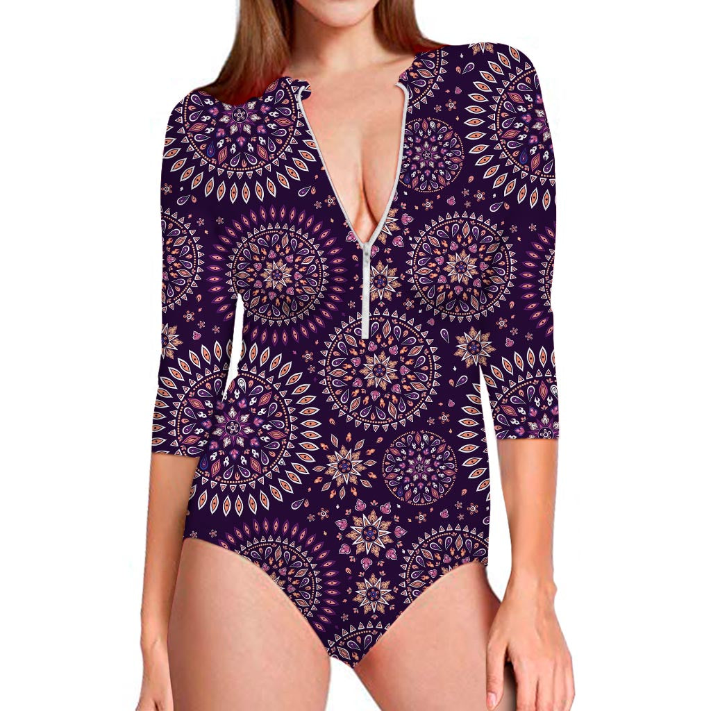 Purple Bohemian Mandala Pattern Print Long Sleeve Swimsuit