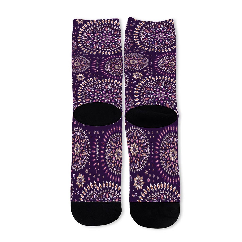 Purple Bohemian Mandala Pattern Print Long Socks
