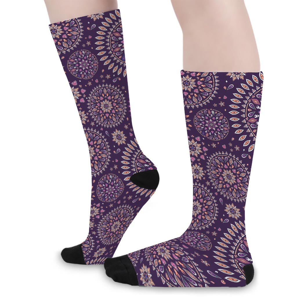 Purple Bohemian Mandala Pattern Print Long Socks