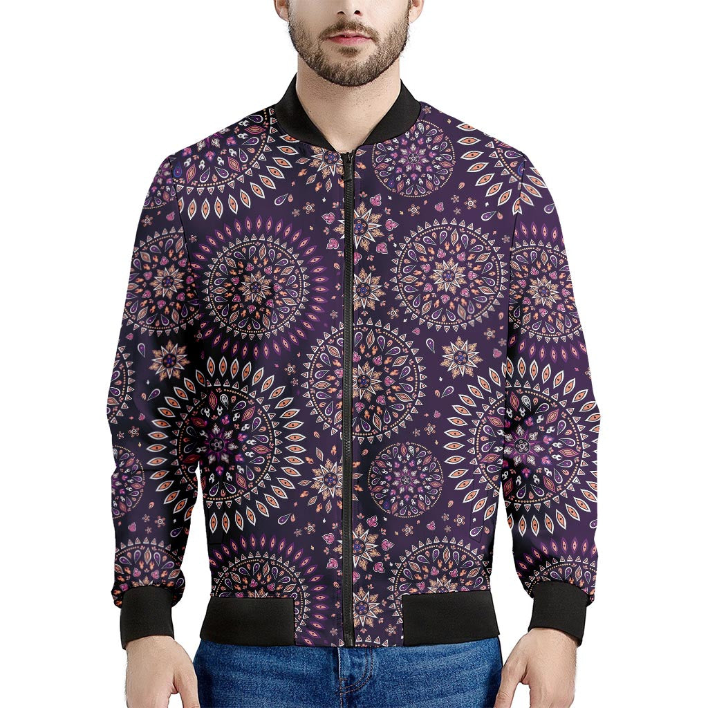 Purple Bohemian Mandala Pattern Print Men's Bomber Jacket