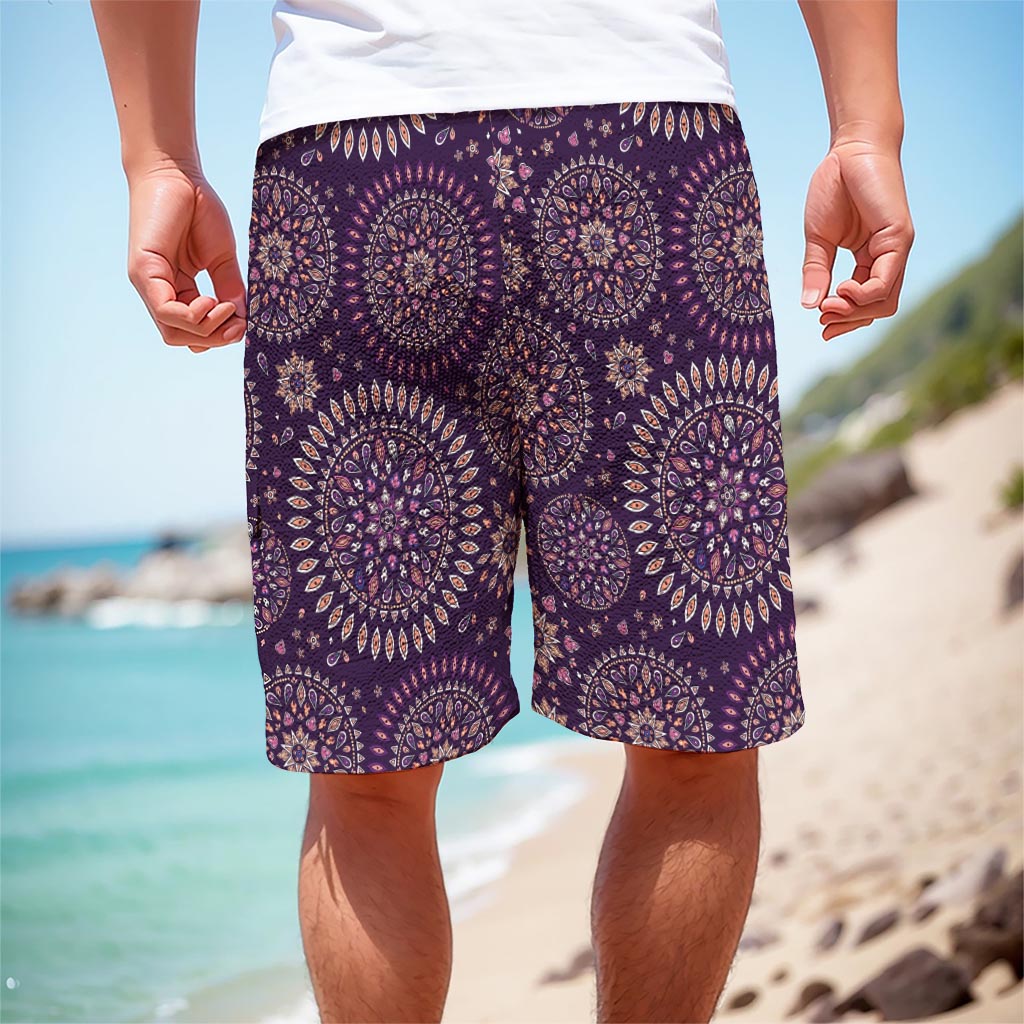 Purple Bohemian Mandala Pattern Print Men's Cargo Shorts