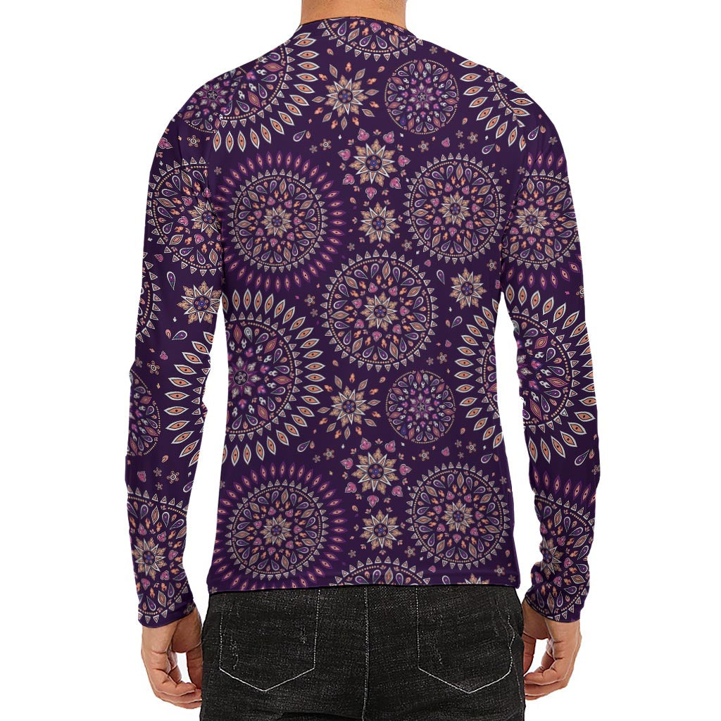 Purple Bohemian Mandala Pattern Print Men's Long Sleeve Rash Guard