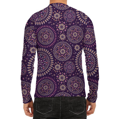 Purple Bohemian Mandala Pattern Print Men's Long Sleeve Rash Guard