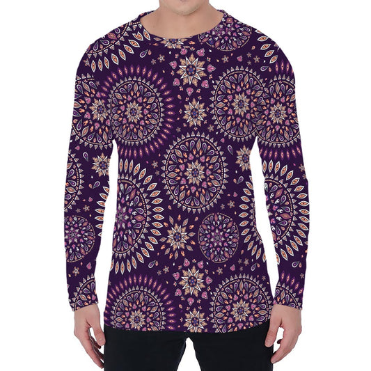 Purple Bohemian Mandala Pattern Print Men's Long Sleeve T-Shirt