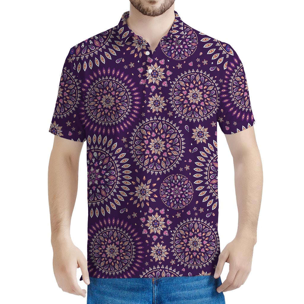 Purple Bohemian Mandala Pattern Print Men's Polo Shirt