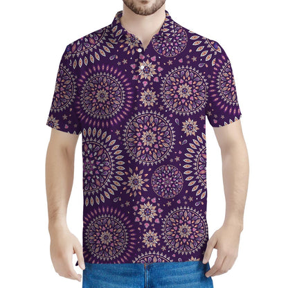 Purple Bohemian Mandala Pattern Print Men's Polo Shirt