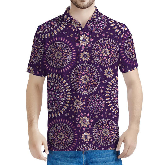 Purple Bohemian Mandala Pattern Print Men's Polo Shirt
