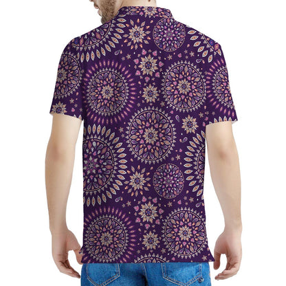 Purple Bohemian Mandala Pattern Print Men's Polo Shirt
