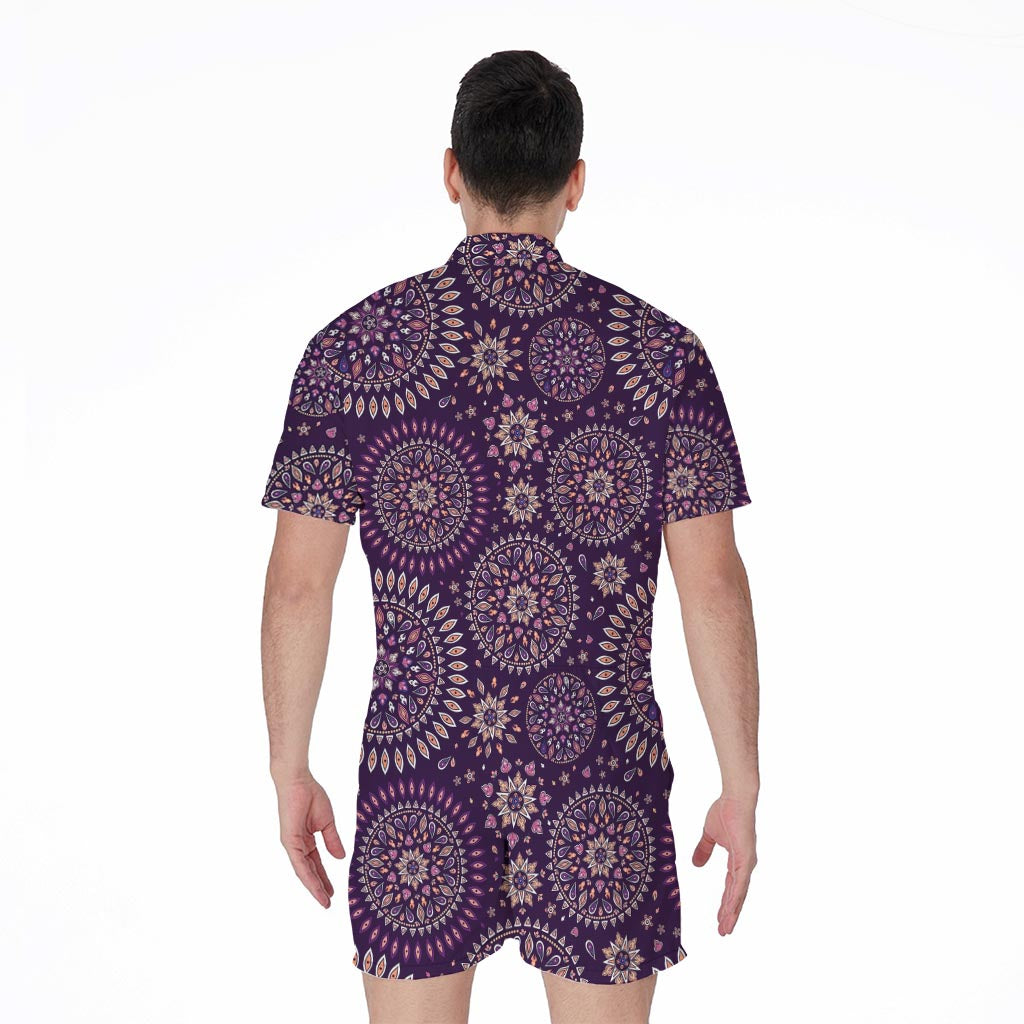 Purple Bohemian Mandala Pattern Print Men's Rompers