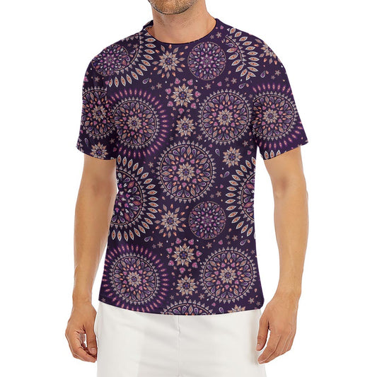 Purple Bohemian Mandala Pattern Print Men's Short Sleeve Rash Guard