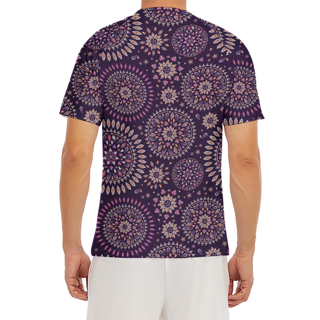 Purple Bohemian Mandala Pattern Print Men's Short Sleeve Rash Guard