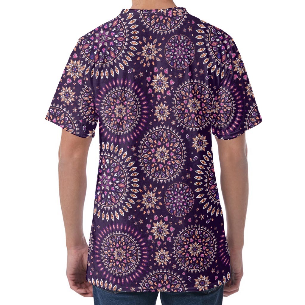 Purple Bohemian Mandala Pattern Print Men's Velvet T-Shirt