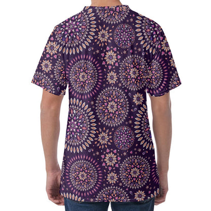 Purple Bohemian Mandala Pattern Print Men's Velvet T-Shirt