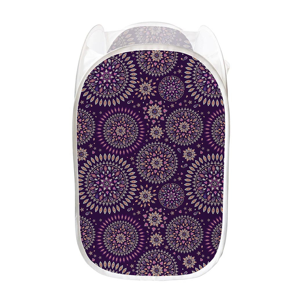 Purple Bohemian Mandala Pattern Print Mesh Laundry Hamper