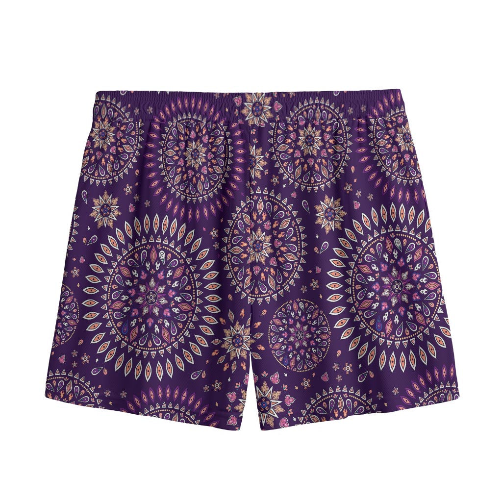 Purple Bohemian Mandala Pattern Print Mesh Shorts