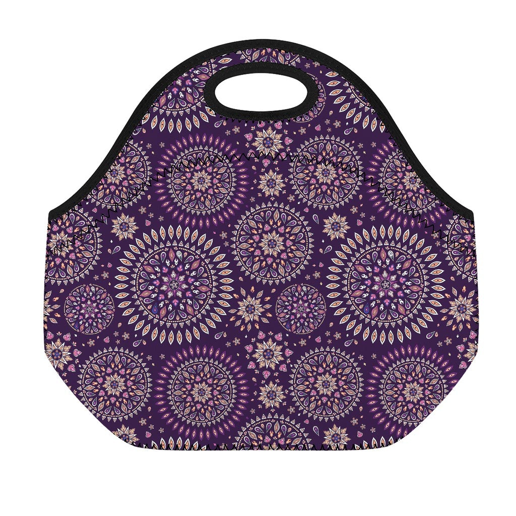 Purple Bohemian Mandala Pattern Print Neoprene Lunch Bag
