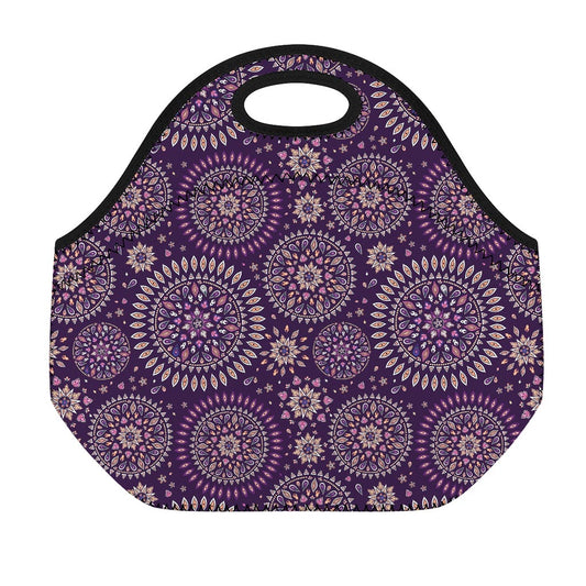 Purple Bohemian Mandala Pattern Print Neoprene Lunch Bag