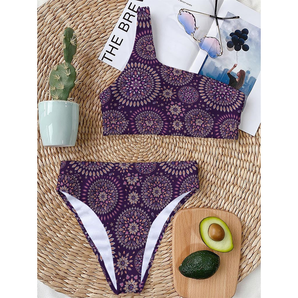 Purple Bohemian Mandala Pattern Print One Shoulder Bikini Top