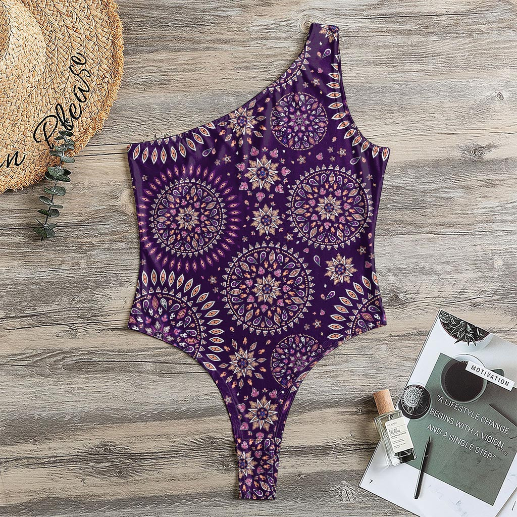 Purple Bohemian Mandala Pattern Print One Shoulder Bodysuit