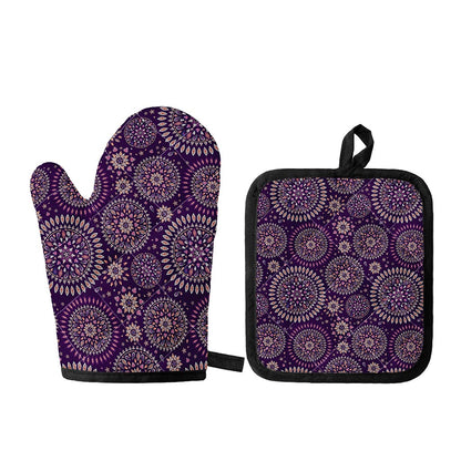 Purple Bohemian Mandala Pattern Print Oven Mitt And Pot Holder Set