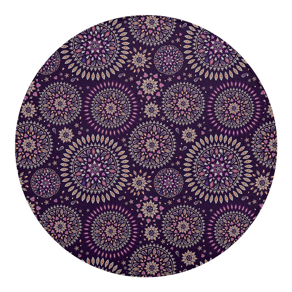 Purple Bohemian Mandala Pattern Print Round Blanket