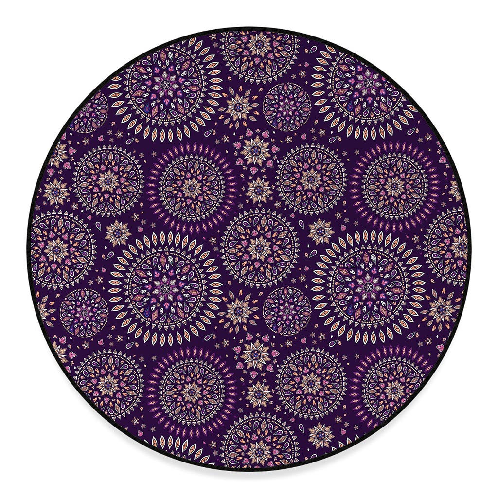 Purple Bohemian Mandala Pattern Print Round Floor Mat