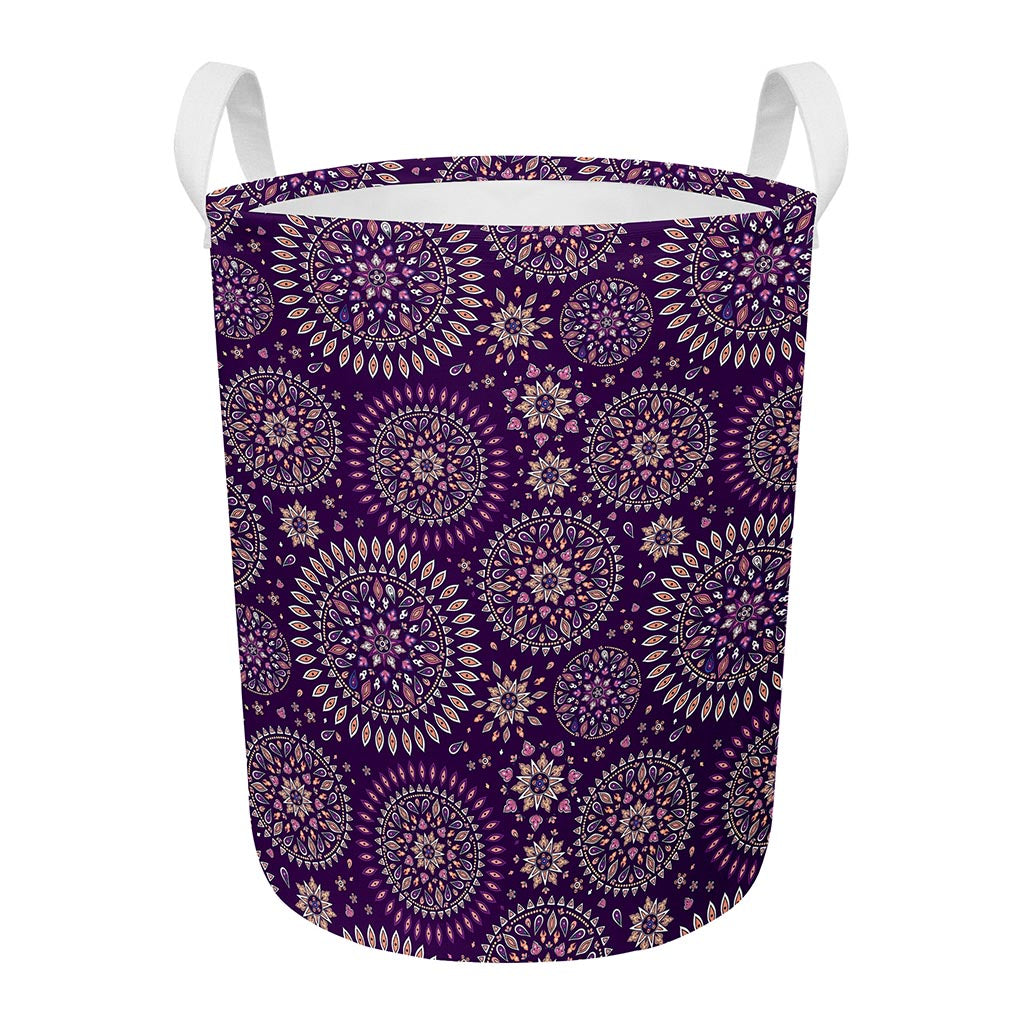 Purple Bohemian Mandala Pattern Print Round Laundry Basket