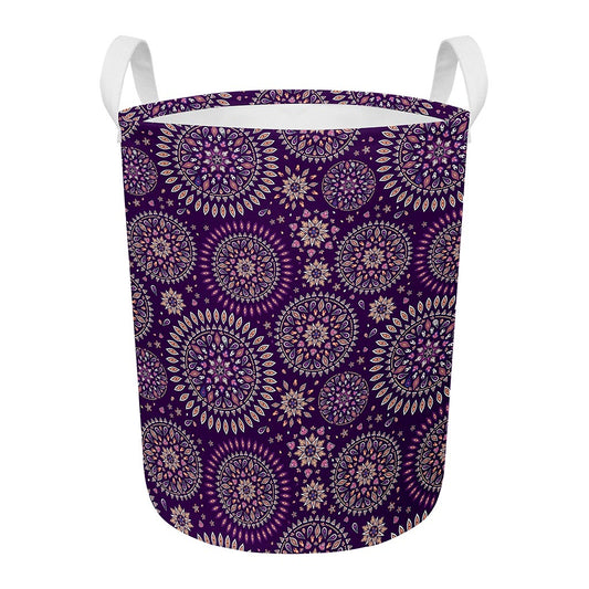 Purple Bohemian Mandala Pattern Print Round Laundry Basket
