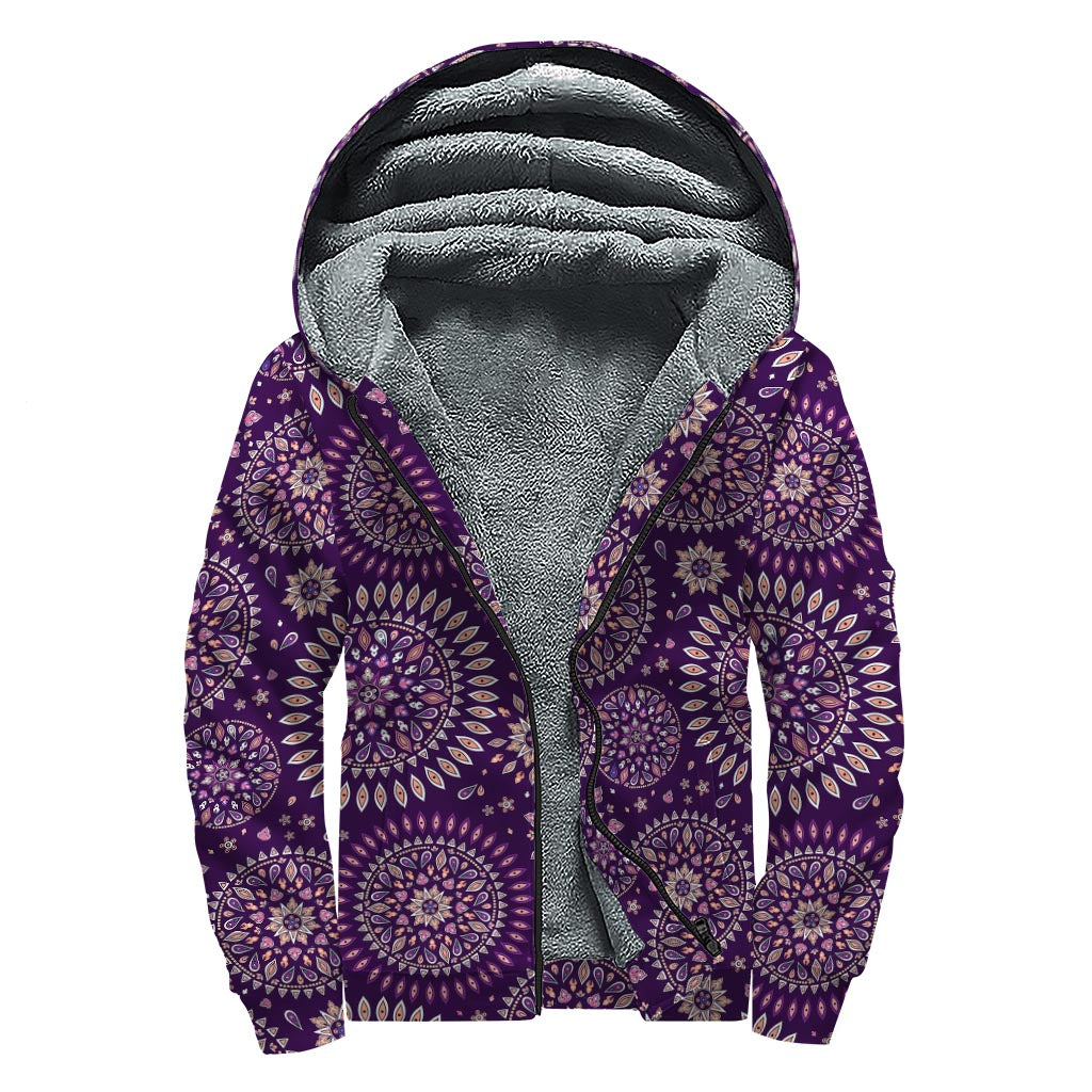 Purple Bohemian Mandala Pattern Print Sherpa Lined Zip Up Hoodie