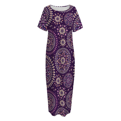Purple Bohemian Mandala Pattern Print Short Sleeve Long Nightdress