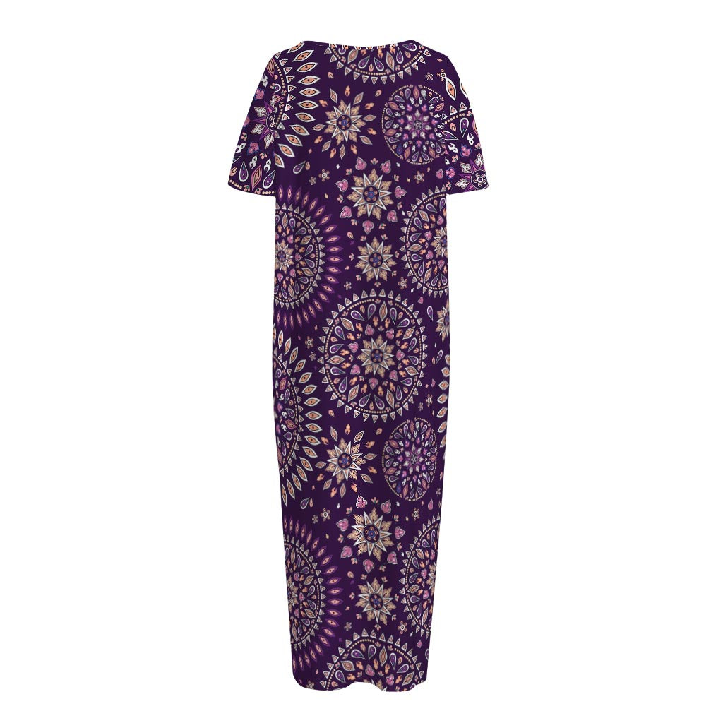 Purple Bohemian Mandala Pattern Print Short Sleeve Long Nightdress